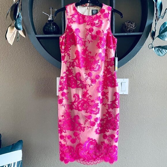 Vince Camuto Pink Fuschia Nude Floral Embroidered Lace Sleeveless Dress 0 - Picture 15 of 15